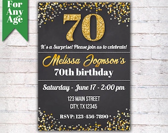 70th Birthday Invitation, Birthday Party Invite, Printable Adult Invitation, Glitter Gold and Black, Any Age, Men or Women Party - I001