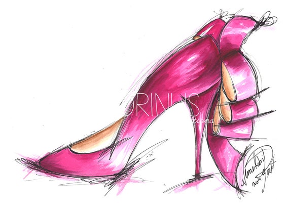 Items similar to Pink shoe art, Fashion sketch, High heel art, Pink ...
