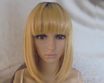 Human hair blend wig with bangs 14'' 612 mixed with light golden blond.