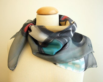 Hand painted Silk Mini - Miró style - Silk scarflette - 27.5x27.5 (70 x 70 cm) Hand painted Silk scarf. Silk mini-scarf . Woman scarf.