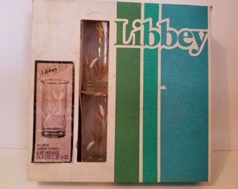 8 Mid Century modern Libbey Wheat Spray drinking glasses 12.5 OZ, new in box. Everyday glassware, white and 22K gold rim, wheat pattern