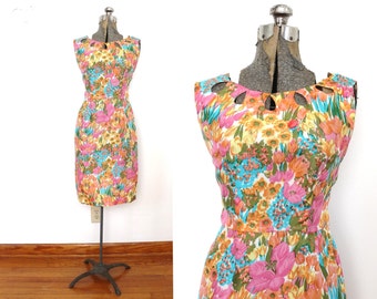 60s Wiggle Dress / 1960s 1950s Floral Tulip Print Silk Wiggle Dress