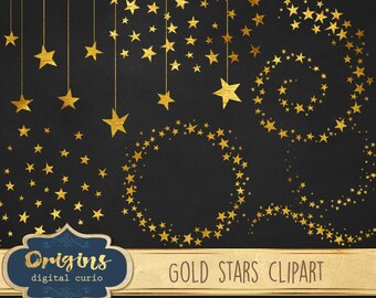Gold Star Clipart, Glitter Clip Art, Gold foil stars, Celestial Clipart, starry night sky PNG Digital Instant Download Commercial Use