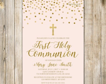 FIRST HOLY COMMUNION Invitation, Baby Girl First Communion, Holy Communion Invite, Baby Christening Invites, Blush Pink and Gold, LA20