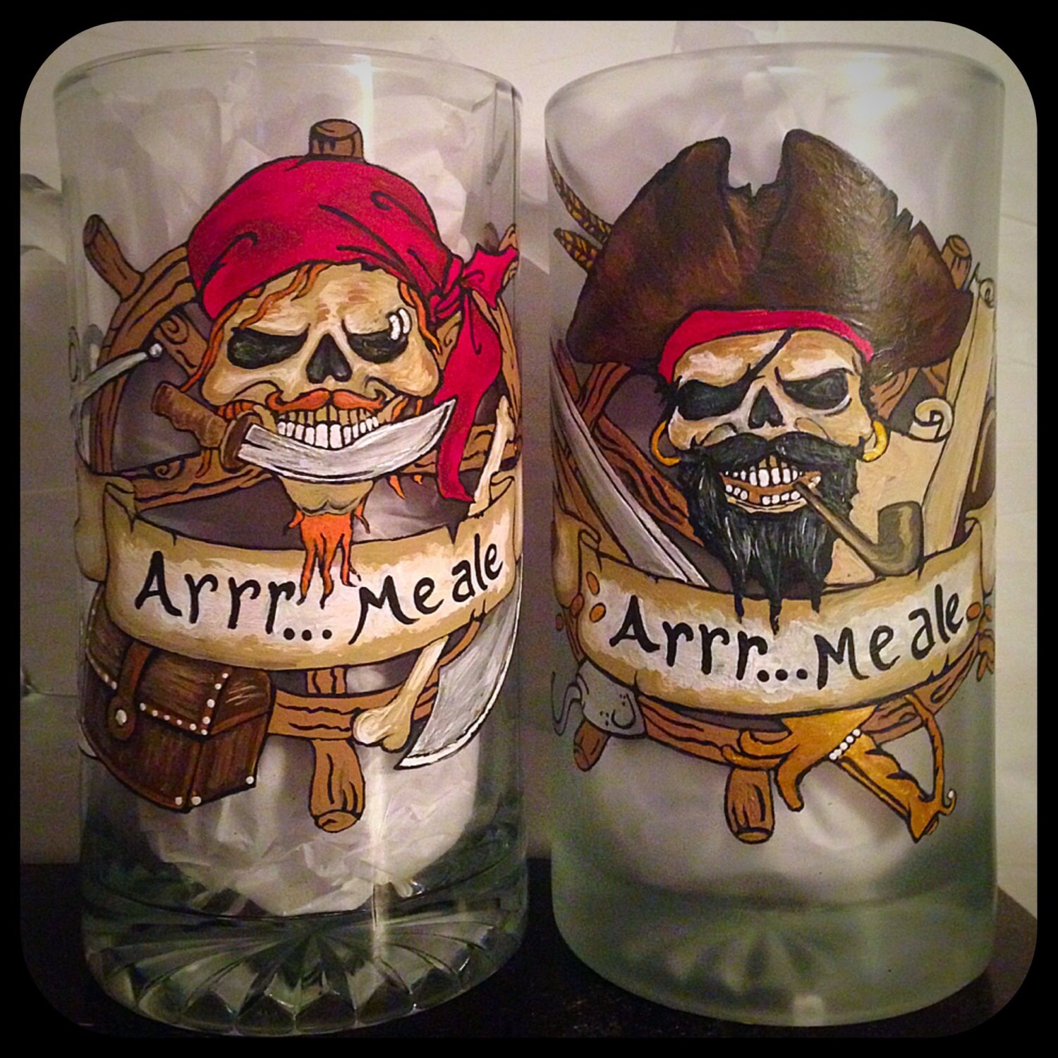 Pirate Beer Mugs Hand Painted Pirate Art Black Beard Glass