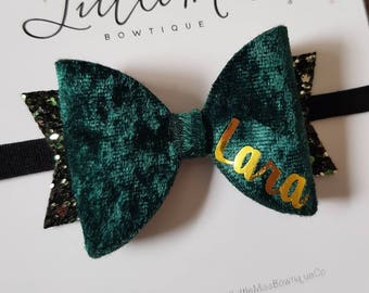 Forrest Green Velvet Personalised Bow