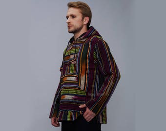 Baja Men’s Hoodie – MexicanHippie Style Fabric Three Wooden Buttons