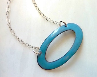 Turquoise Glass Enamel on Copper Oval Pendant, Cut Out, Geometric Mid-Century Modern, Minimalist, Galaxy Pendant