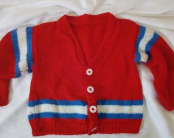 Hand knitted red white and blue stripe cardigan