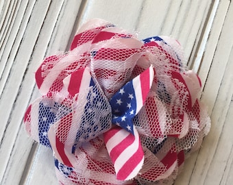 Red White Blue Patriotic American Flag Lace Hair Flower Clip