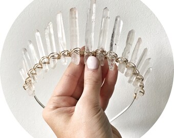 The Sarah - Tall clear crystal quartz crown with rose gold gold or silver wire