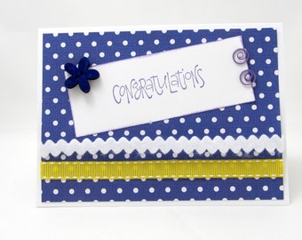 Congratulations Card - Graduation - Engagement - Wedding - Purple and Yellow - Polka Dots - Blank Card - Purple and White