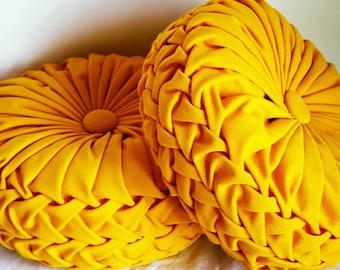 Set of Two Handmade Yellow Canvas Pleated Pillows