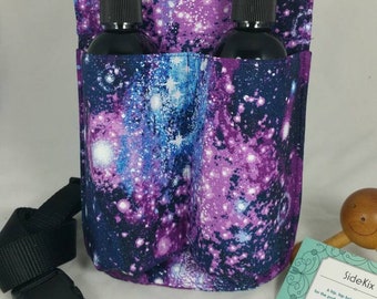 Massage Therapy double 8oz lotion bottle hip holster, Sparkly Purple Galaxy, black belt
