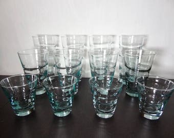 Vintage Libbey Aqua Blue Saturn Optic Ripple Glassware by Freda Diamond - 4 Coolers, 4 Tumblers, and 4 Juice Glasses - Set of 12