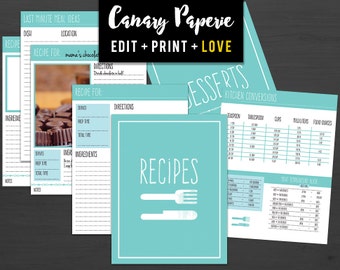 Printable Recipe Binder Organizer // Over 30 Print Ready 8.5”x11” Pages in Teal for Cooking and Baking - Digital PDF + Instant Download
