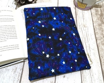 Glow in the Dark Book Buddy, Small Medium Book Sleeve, Book Lover Gift, Star Book Pouch, Paperback Cover, Black Blue Starry Night Book Bag