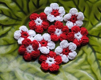 Red and white crochet mini flower appliques. Crochet supplies for your scrapbooking, cards and other crafts.