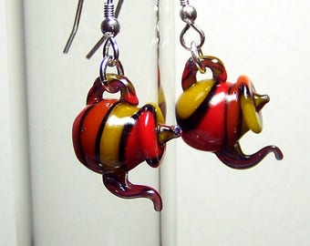 Harlequin stripes tea tiny transparent glass teapots dangling earrings on 925 sterling silver earwires