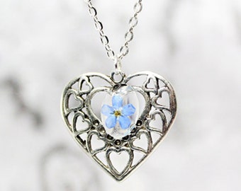 romantic necklace heart jewelry blue forget me not for women love wife nature forget-me-not gift idea for her cute blue flower pendant Рю6