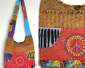 90s Eco-Friendly Pride Rainbow Hippy Shoulder Bag// Handmade Bohemian Bag Tassle Embroidered Purse Vintage Accessories