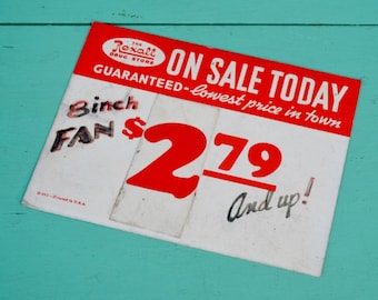 Vintage Rexall Drug Store Sign Price Tag Sale Advertising 8" Fan Hand Lettered Red White Paper Ephemera Crafts Collage Art Scrapbooking