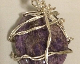Charoite Semi-Precious Stone, Sterling Silver Wire-Wrapped Pendant
