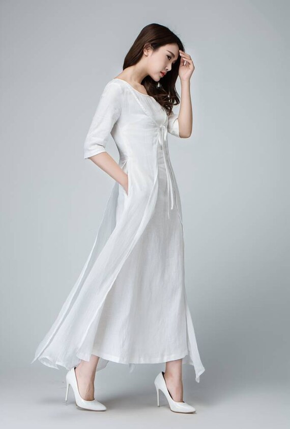 white linen boho dress