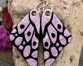 DICHROIC EARRINGS Butterfly Wings Pale Pink Hand Etched Fused Glass with Sterling Silver Hooks