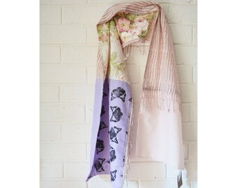 Patchwork Cat Scarf Shawl Wrap. Shabby Chic Pink, Floral Rose, Purple Pastel. Birman Ragdoll Cat. Upcycled Wearable Art. One of a kind.