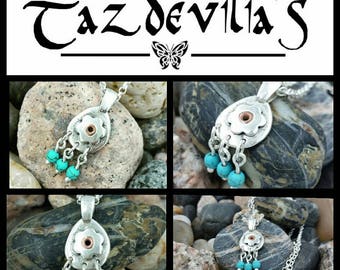Recycled Sterling silver handcrafted flower pendant with copper rivet and turquoise beads