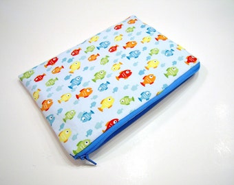 Zippered Pouch in Blue and Multicolored Fish