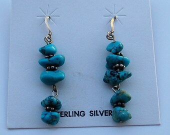 Native American Santo Domingo Turquoise Sterling Silver Dangle Earrings