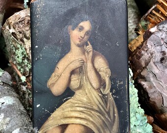 Victorian Paper Mache Trinket Box Antique Painted Portrait Box