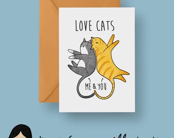 Love Cats Card, Cat Valentines Card - Hand Illustrated Card, Cat Card, Kitten Card, Romantic Card, Love Card, Anniversary Card, Cute Cat