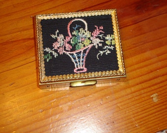 Utterly Charming Vintage Hand-Embroidered TAPESTRY Flower Basket COMPACT