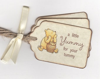 Winnie The Pooh Baby Shower Favor Tags, Baby Christening Birthday Party A Little Yummy for Your Tummy Tags - Vintage Style Set of 20