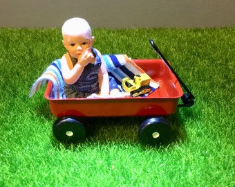 Dollhouse Miniature Little Boy In a Red Wagon 1:12 Scale