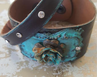 Leather patina flower cuff