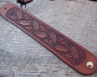 Mens Leather Cuff Bracelet with Hand Tooled original Oak Leaf and Acorn design custom made to order. Free shipping.