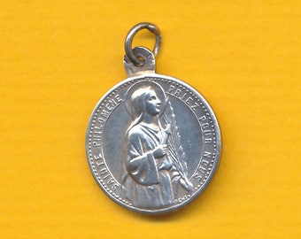 Antique sterling silver religious medal charm pendant St Philomena - Virgin Mary (ref 1310)