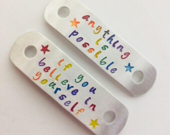 Trainer tags. Handstamped running shoe tags. completely personalised bling, marathon, half marathon.