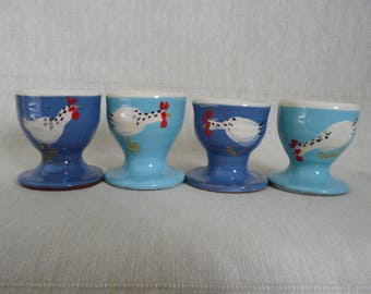 Egg cup. Set of four pottery egg cups. Egg cups with chicken. Blue eggcups. Turquoise egg cups