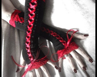Memorare Victorian Corset Laced Up Arm Warmers | Black w/ Crimson Lace & Ribbon | Vampire Gothic Wedding Dark Tribal Burlesque Emo Romantic