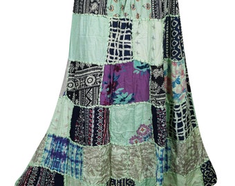 Elastic Waist Rayon Patchwork Skirt Summer New Look Hippie Boho Gypsy Skirts