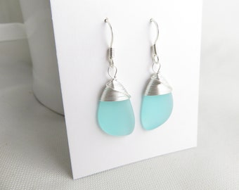sea glass earrings cultured seaglass blue colored beach glass jewelry earrings-bridesmaid earrings- teardrop earrings