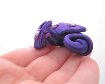 Baby Dragon Sculpture, Miniature Purple Jewelled Dragon Ornament, Purple Marbled Dragon, Polymer Clay Dragon Figurine
