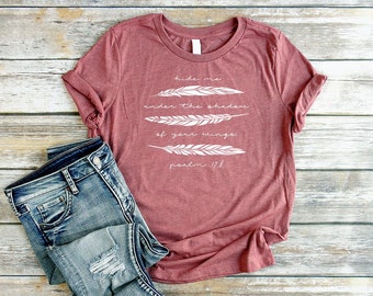 Christian T Shirts for Women Christian Shirts Bible Verse Shirts Cute Shirts For Women Psalm 17:8 Feather Shirts Jesus Womens T Shirts Camp