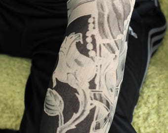 Tattoo, Tattoo sleeve, fake tattoo, halloween tattoo, tattoo cover, stretch tattoo, sleeve cover up, fake tattoo sleeve, sleeve tats.