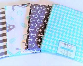 Fabric Bundle, Quilting Bundle, Fat Quarters, Elephant/Anchors/Houndstooth Check, CraftSupplies, Diy/Sewing Fabric, 4Pc Turquoise/Grey/White